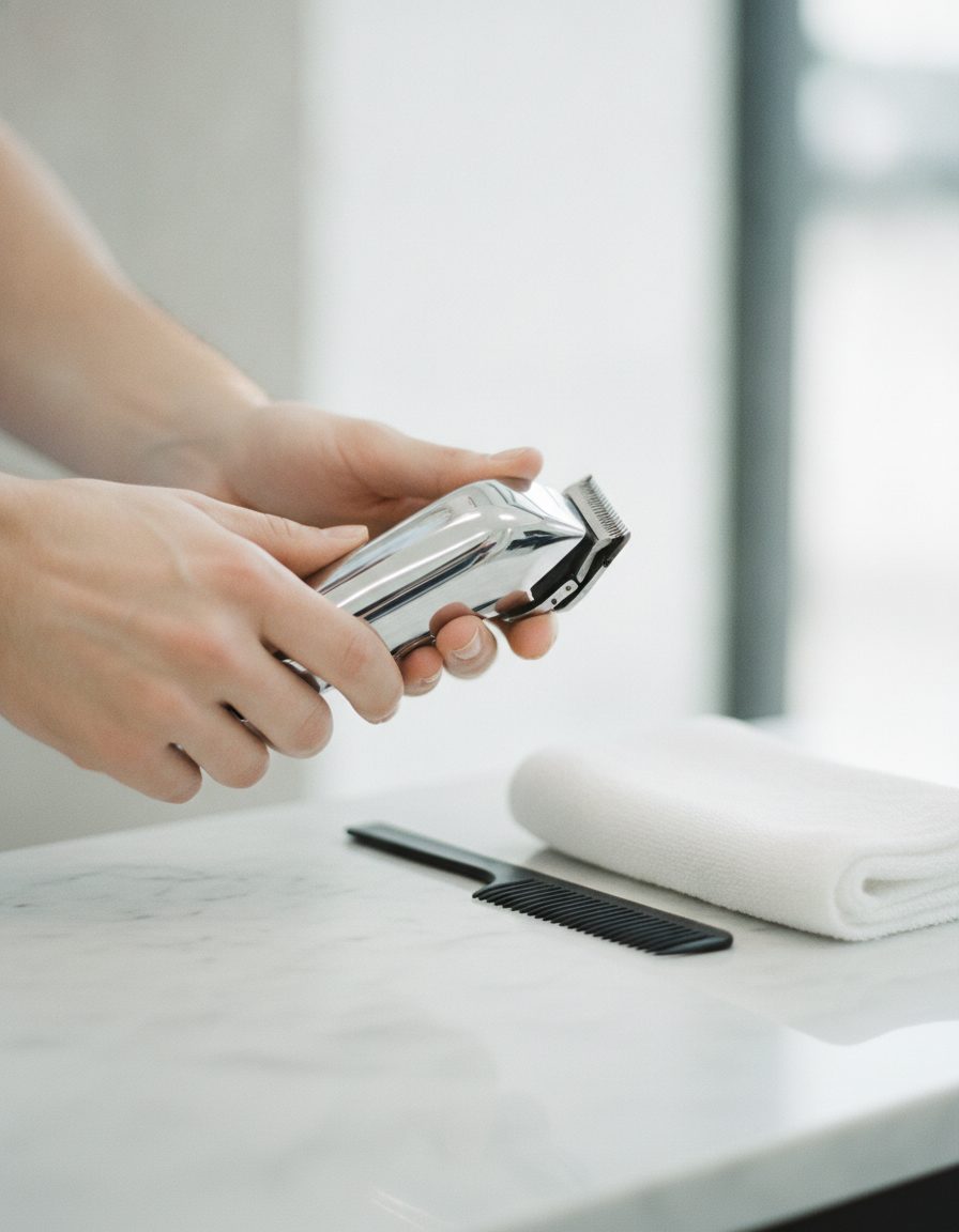 A barber's hands holding chrome clippers over a pale counter