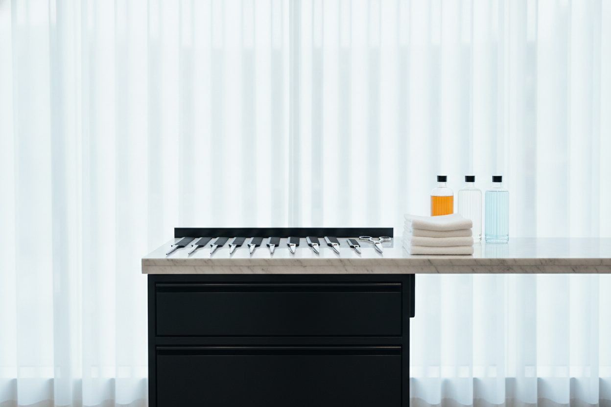 Scissors, combs, folded towels and bottles laid out along a barber station counter