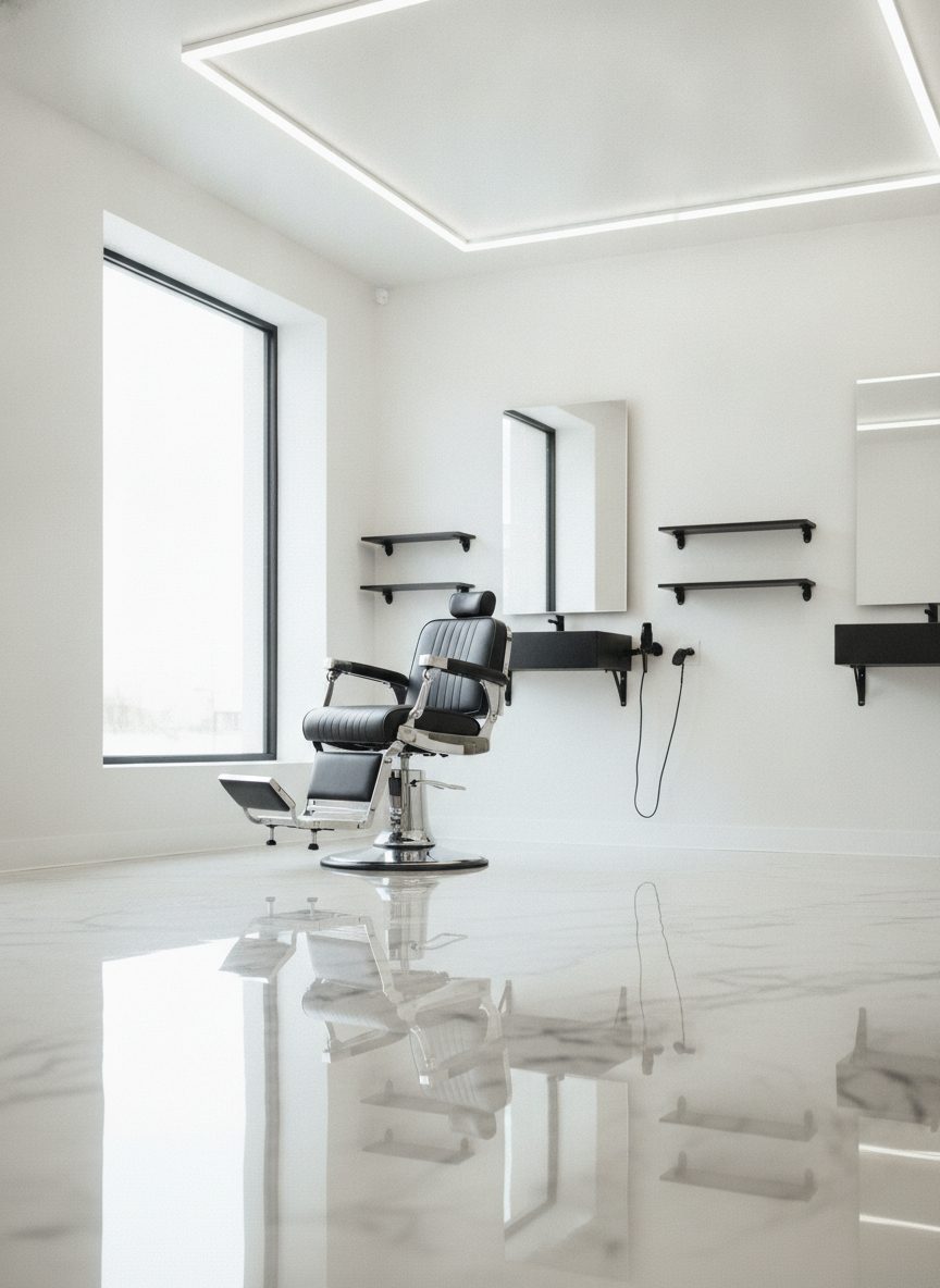 A barber chair beside a tall window in a bright modern shop, white walls and a glossy reflective floor