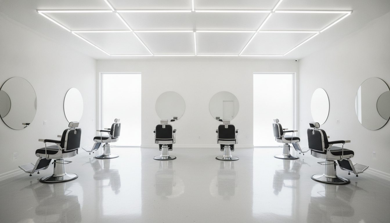 A row of barber chairs facing mirrors in a bright shop with white walls and a glossy floor